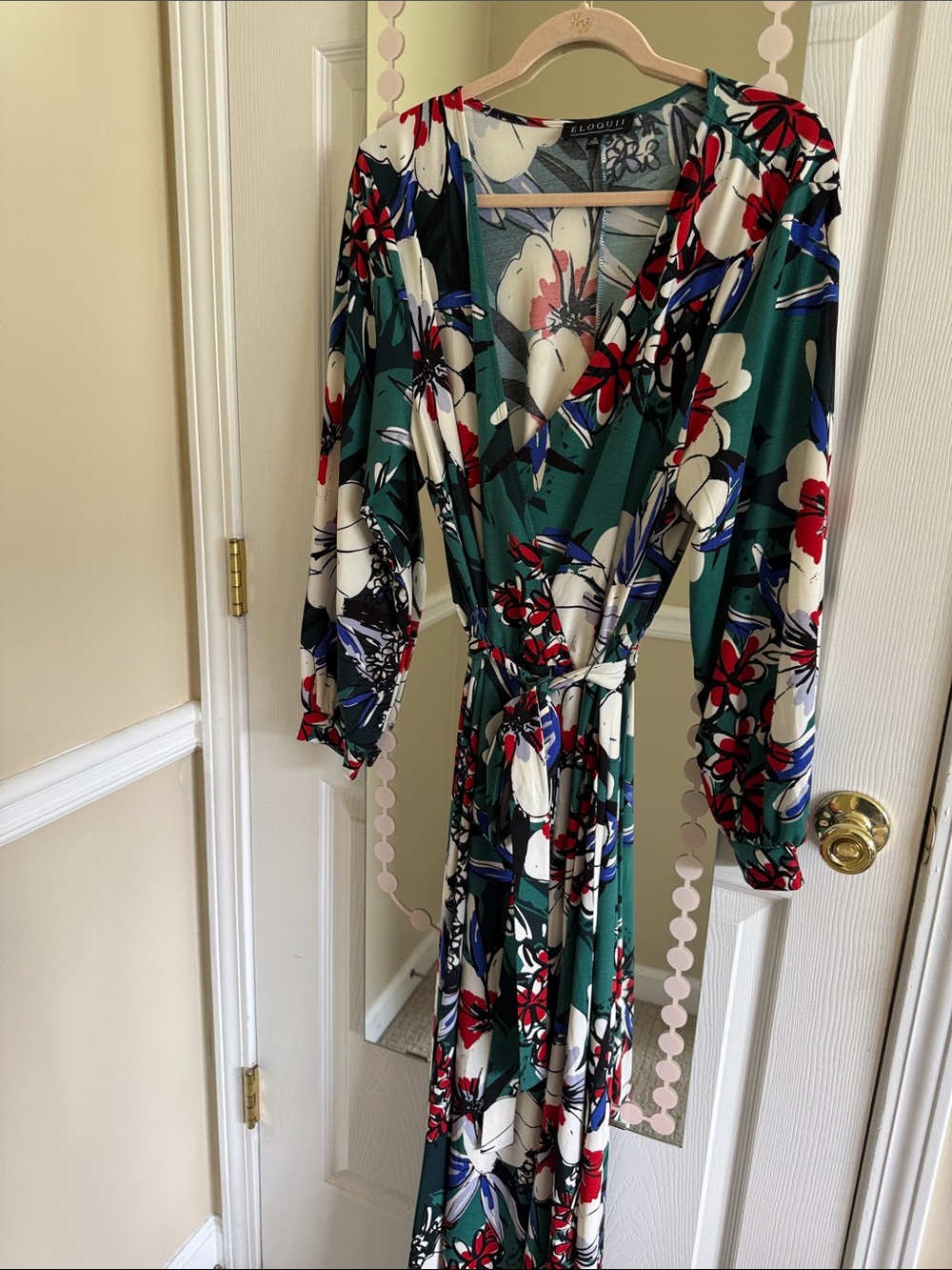 Eloquii Emerald Floral Wrap Maxi Dress with Red & Blue Accents